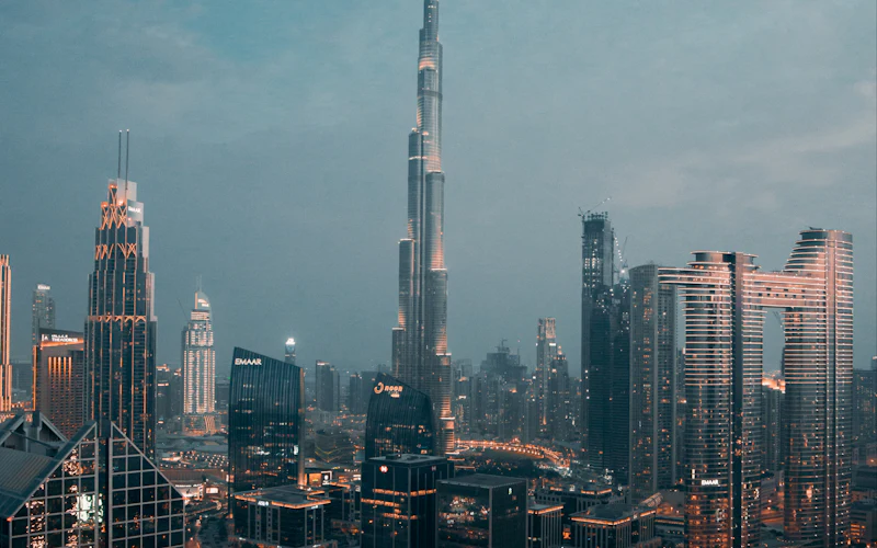 Dubai skyline at dusk with the Burj Khalifa